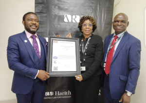 L-R: Co-Founder/Chief Visionary Officer, Digital Encode Information System, Dr Adewale Obadare; Chief Executive Officer, ARM Holding Company, Ms Jumoke Ogundare and Chief Risk Officer, ARM Holding Company, Mr Gozie Alozieuwa, during the presentation of ISO 27001: 2013 to ARM Holding Company in Lagos.