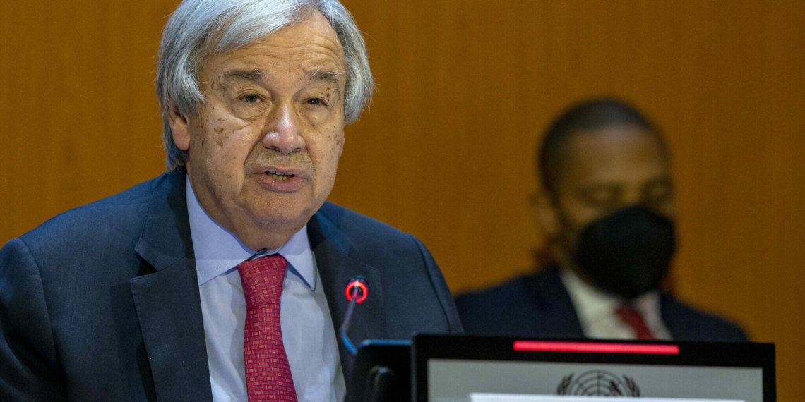 U.N. Secretary-General Antonio Guterres, addresses his statement, during the High-Level Ministerial Event on the Humanitarian Situation in Afghanistan, at the European headquarters of the United Nation, in Geneva, Switzerland, Monday, Sept. 13, 2021. (Salvatore Di Nolfi/Keystone via AP)
