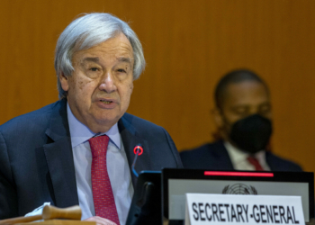 U.N. Secretary-General Antonio Guterres, addresses his statement, during the High-Level Ministerial Event on the Humanitarian Situation in Afghanistan, at the European headquarters of the United Nation, in Geneva, Switzerland, Monday, Sept. 13, 2021. (Salvatore Di Nolfi/Keystone via AP)