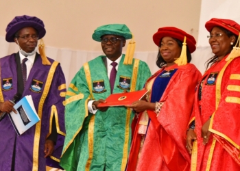 L-R: Chancellor, Lagos State University (LASU), Prof. Gbolahan Elias; Lagos State Governor, Mr Babajide Sanwo-Olu; Chairman, Nigerians in Diaspora Commission (NIDCOM), Hon. Abike Dabiri-Erewa conferred with an honorary doctorate degree and the Vice Chancellor, LASU, Prof. Ibiyemi Olatunji-Bello, during the 25th convocation ceremony of LASU, at the Buba Marwa Complex, the School campus, Ojo, on Thursday, March 24, 2022