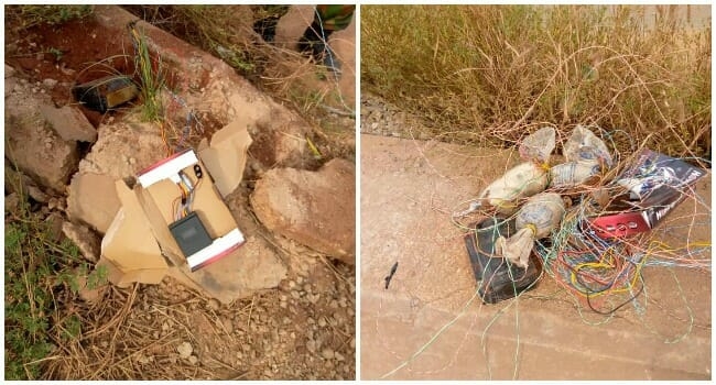 This photo released by the Nigerian Army shows Improvised Explosive Devices said to have been planted by members of the proscribed IPOB/ ESN.
