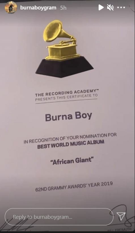 Grammy Bestows Burna Boy With Customised Wristwatch, Gold Medal (Photos)