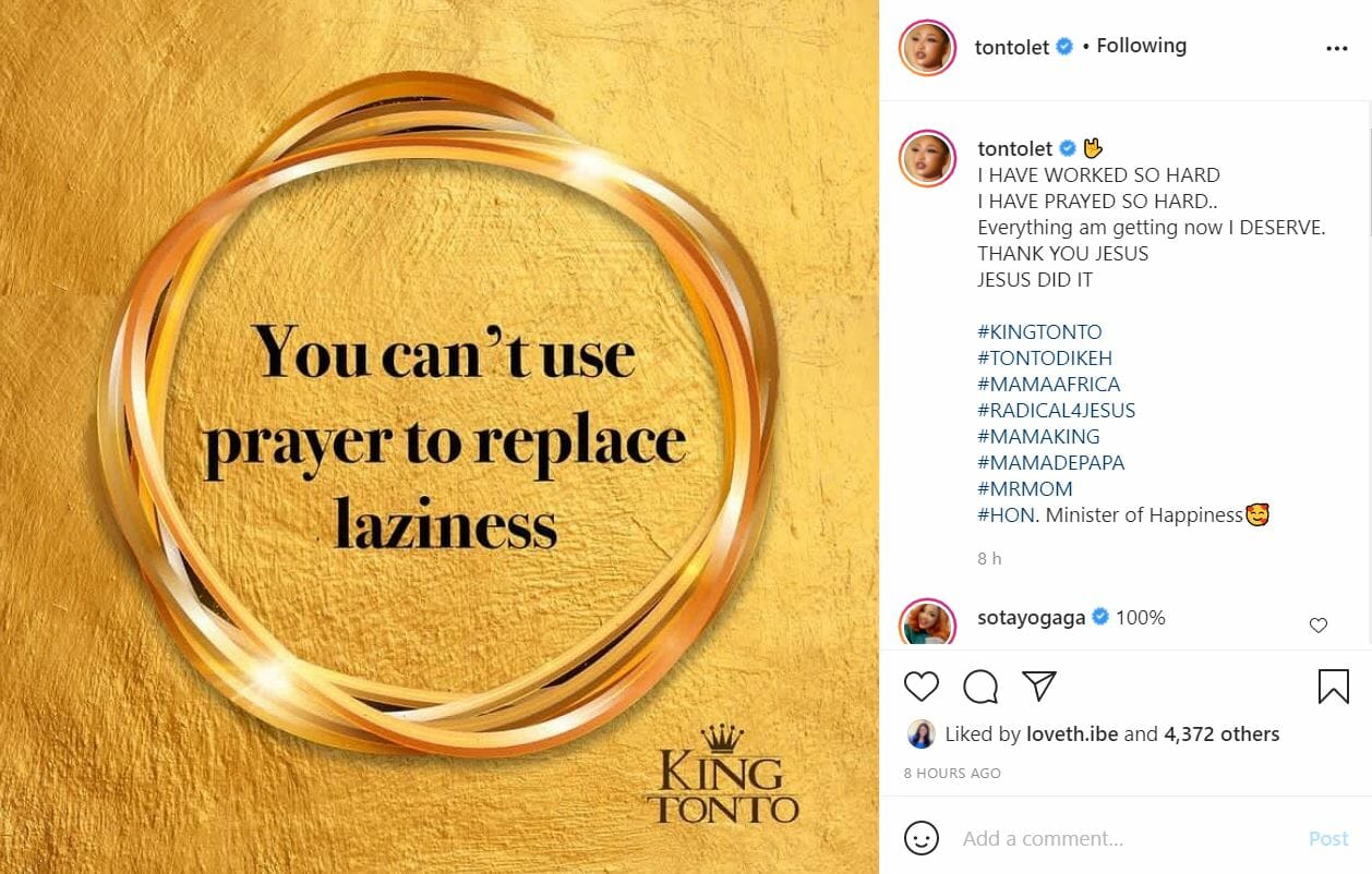 ‘You Can’t Use Prayer To Replace Laziness’, Tonto Dikeh Says