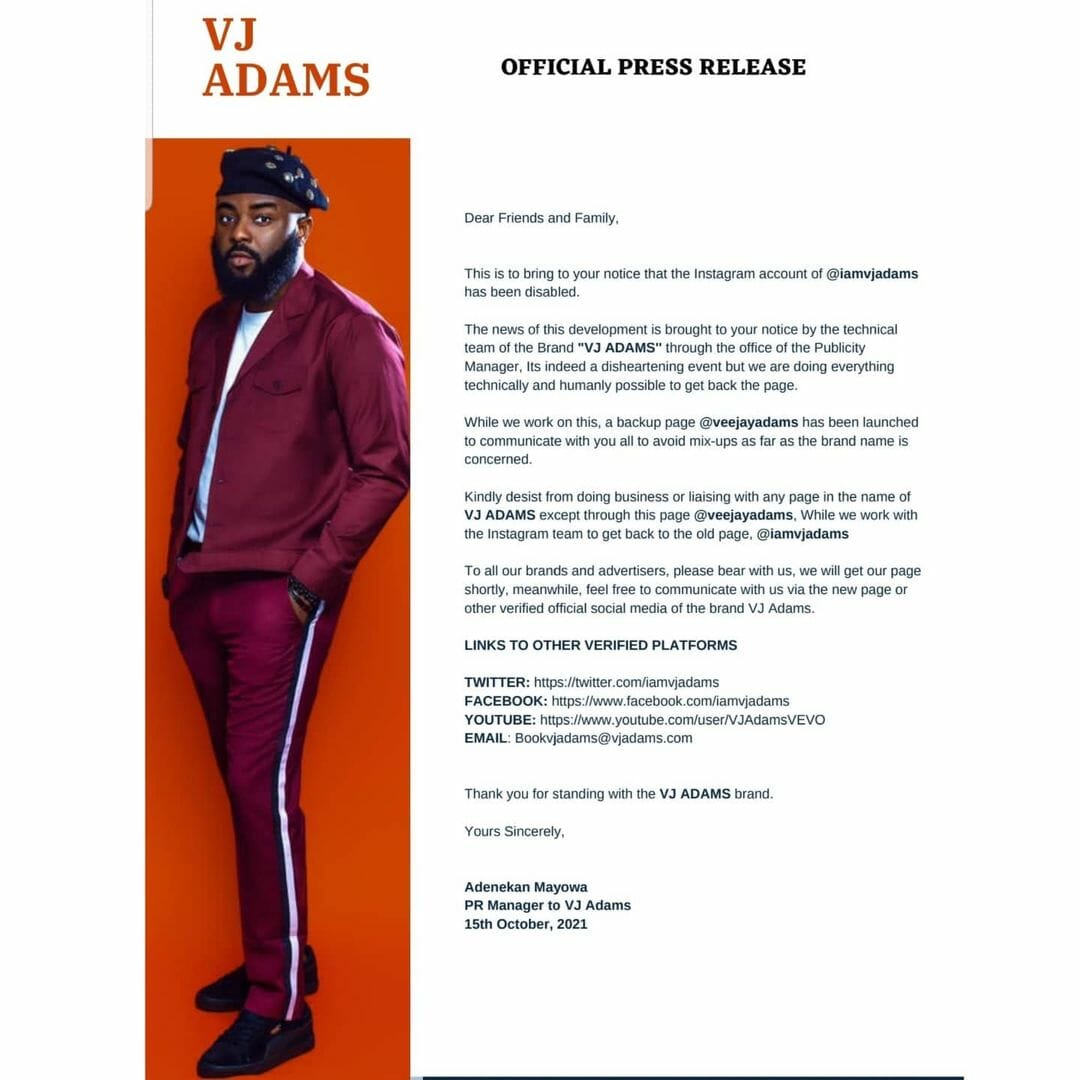 ‘It Is Disheartening’, VJ Adams Reacts After ‘Losing’ Instagram Page