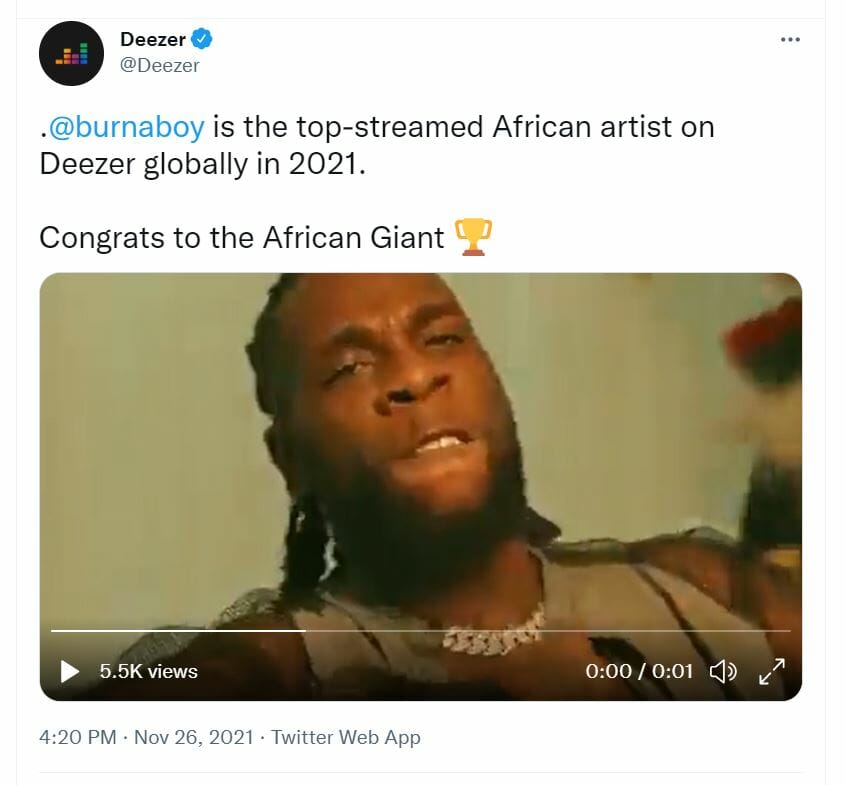 Deezer Names Burna Boy 2021 Most Streamed African Artist