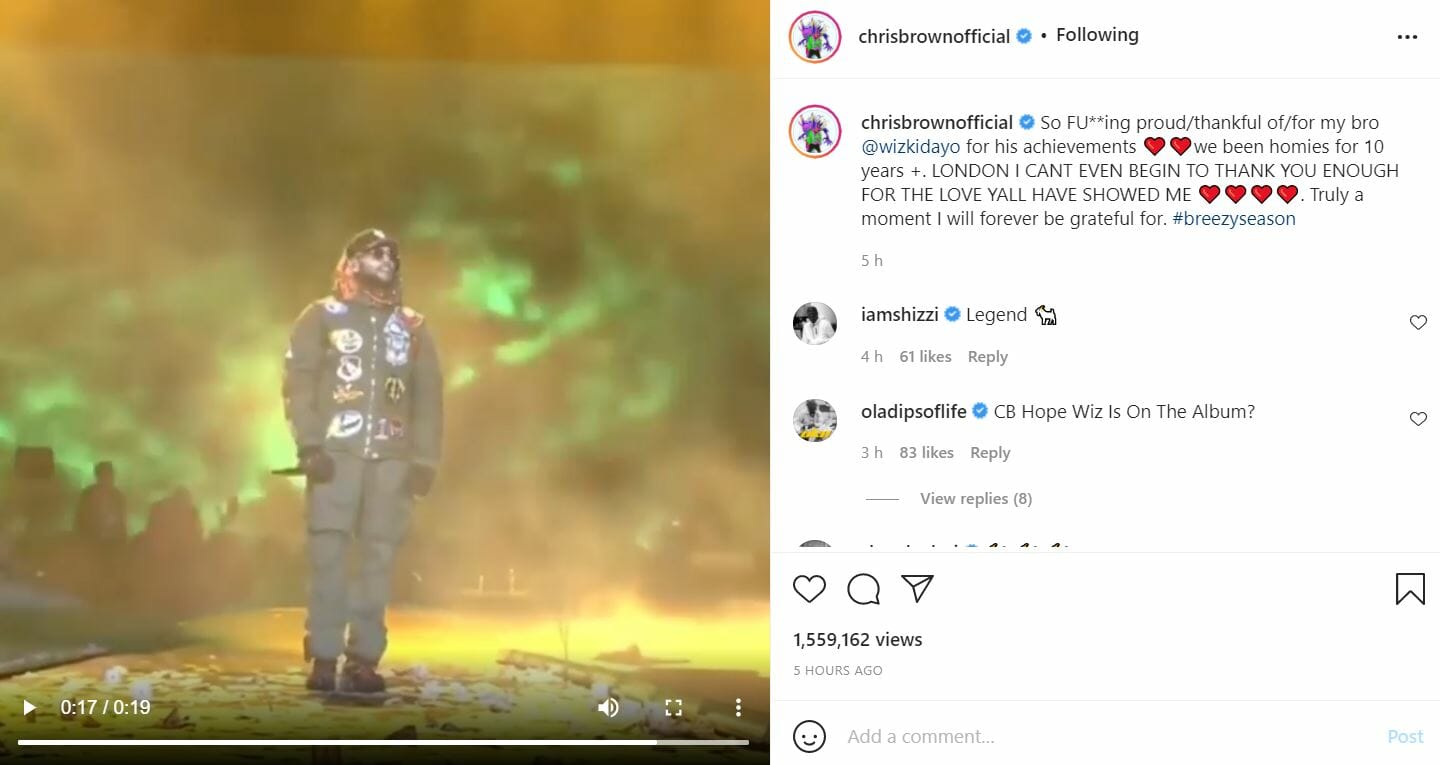 Chris Brown Says He’ll Forever Be Grateful To Wizkid For Performing At 'Made In Lagos' Show In London