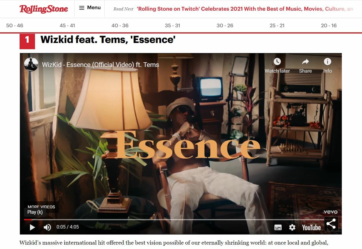 ‘Essence’ By Wizkid And Tems Tops 50 Best Songs Of 2021 List By Rolling Stone