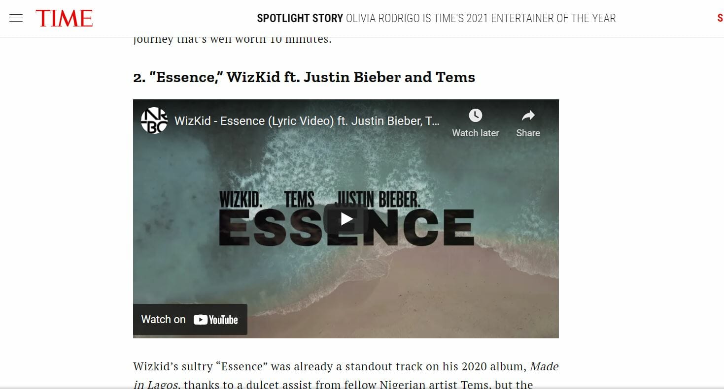 ‘Essence’ By Wizkid Emerges Second On TIME’s Best 10 Songs Of 2021