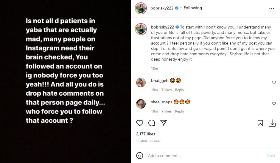 Bobrisky Insults His Instagram Followers, Says They Need Mental Evaluation