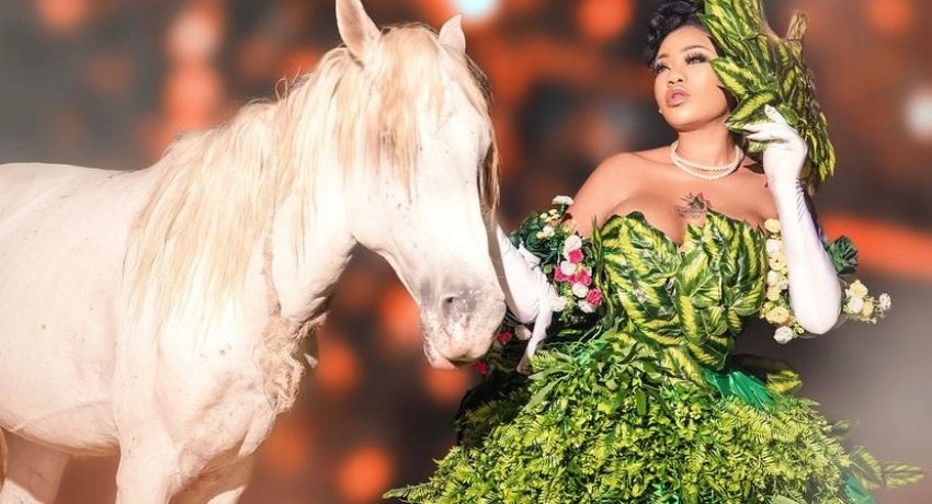 Pre-birthday photo: Designer Toyin Lawani Makes Fans go Green with Envy in Stunning Ball Gown Made of Leaves