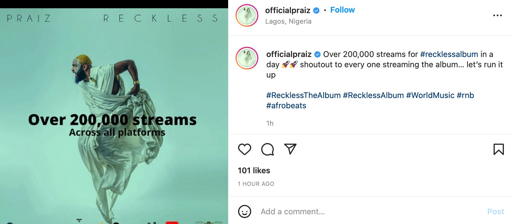 Praiz Harvests Over 200k Streams On New Album, ‘Reckless’, In Less Than 24 Hours Of Its Release (Listen)