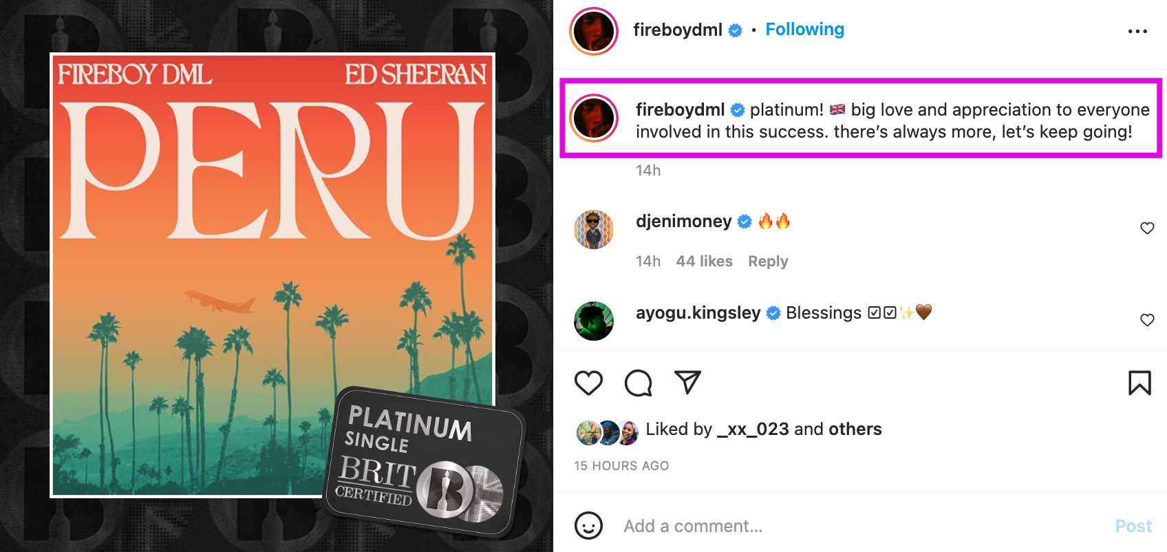 Fireboy DML’s Peru Remix Featuring Ed Sheeran Goes Platinum In The UK