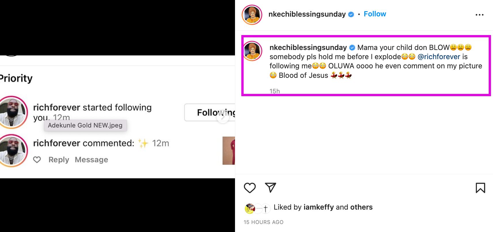 Actress Nkechi Blessing Celebrates As Rick Ross Followed And Commented On Her Instagram Post