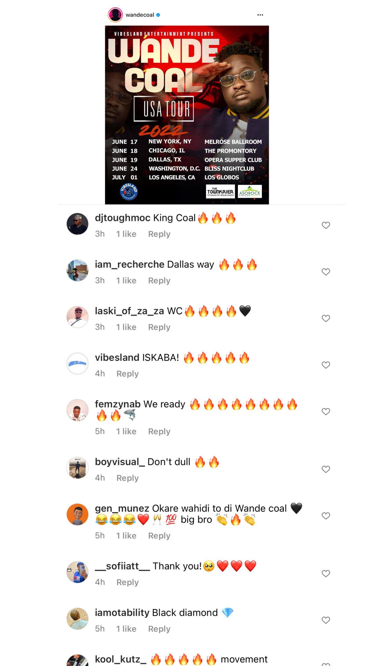 Wande Coal’s USA Tour Announcement Sets Instagram On Fire