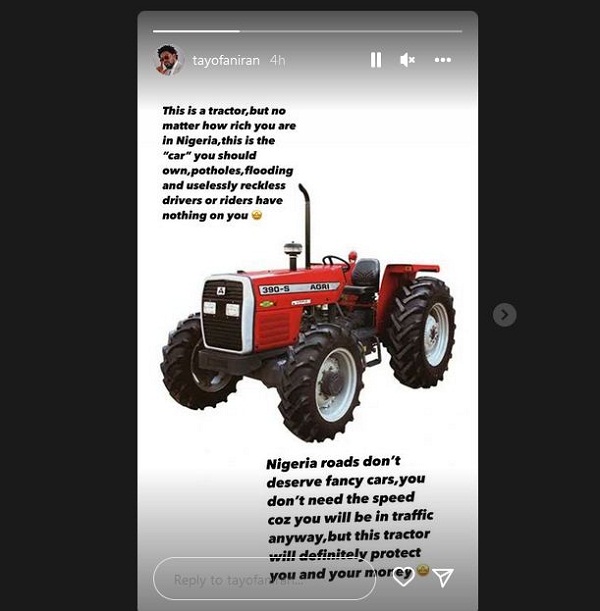 With Potholes And Reckless Drivers, Nigeria Roads Deserve Tractors, Not Fancy Cars —Tayo Faniran (Photo)