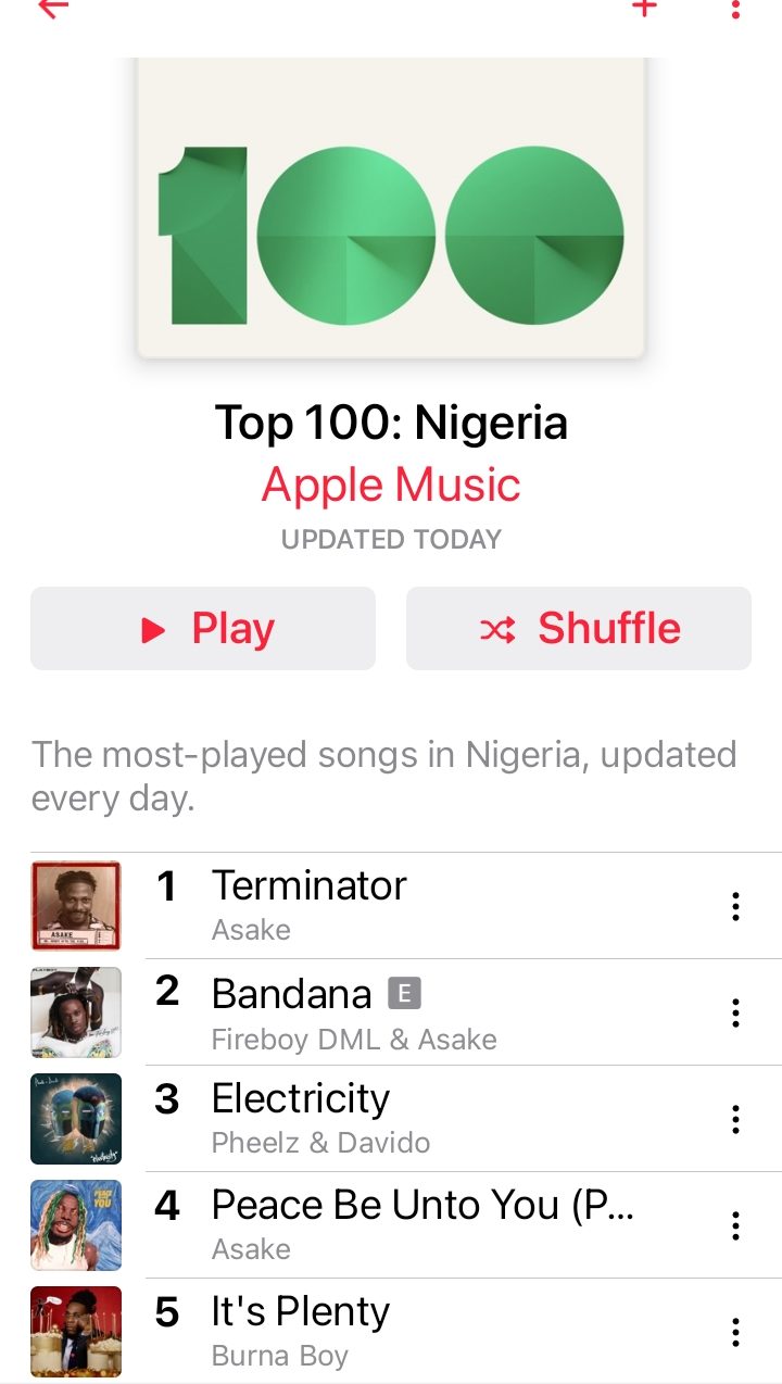 ‘Terminator’ By Asake Debuts At Number One On Apple Music, Spotify Nigeria
