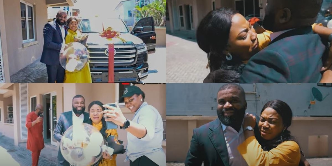 Mercy Chinwo breaks down in tears as husband, Blessed surprises her with a Toyota SUV on birthday (Video)