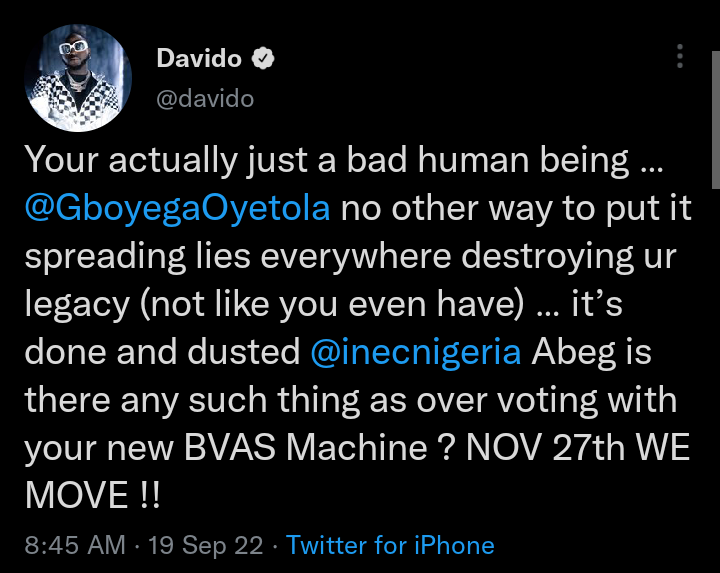 Osun Election: “You’re a bad human being” – Davido blows hot as he accuses Gov. Oyetola of spreading lies