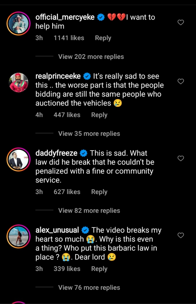Mercy Eke, Daddy Freeze, others react to viral video of man crying profusely as Lagos Govt auctions his car