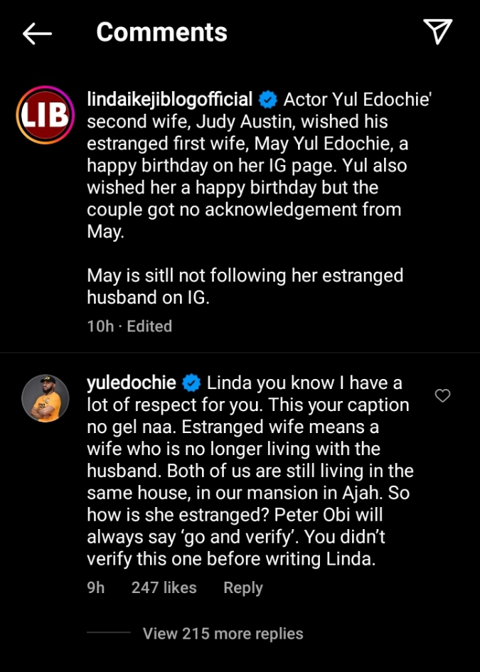 “Go and verify” – Yul Edochie tackles Linda Ikeji over comment on First wife, May Edochie