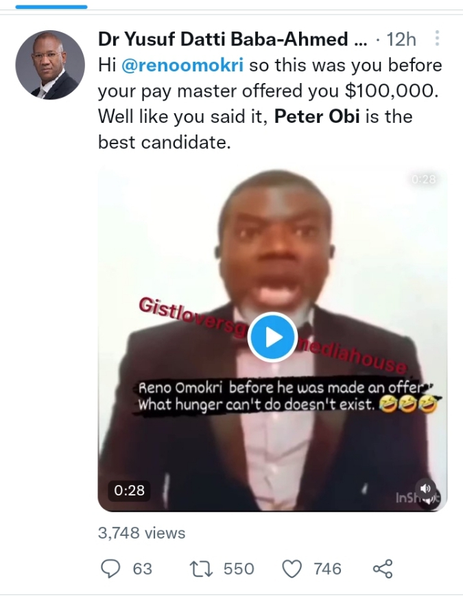 A resurfaced clip of Reno Omokri endorsing Peter Obi for presidency stirs reactions from Mr P, others