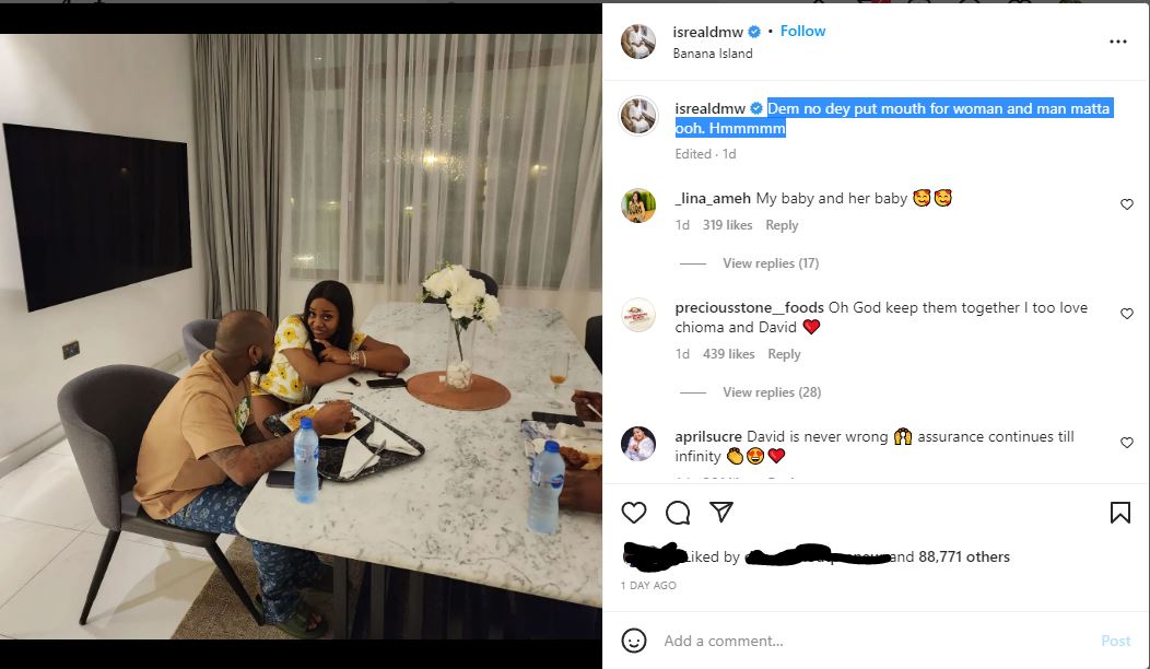 Isreal DMW makes cryptic statement as he shares photo of Davido and Chioma amid reunion speculations