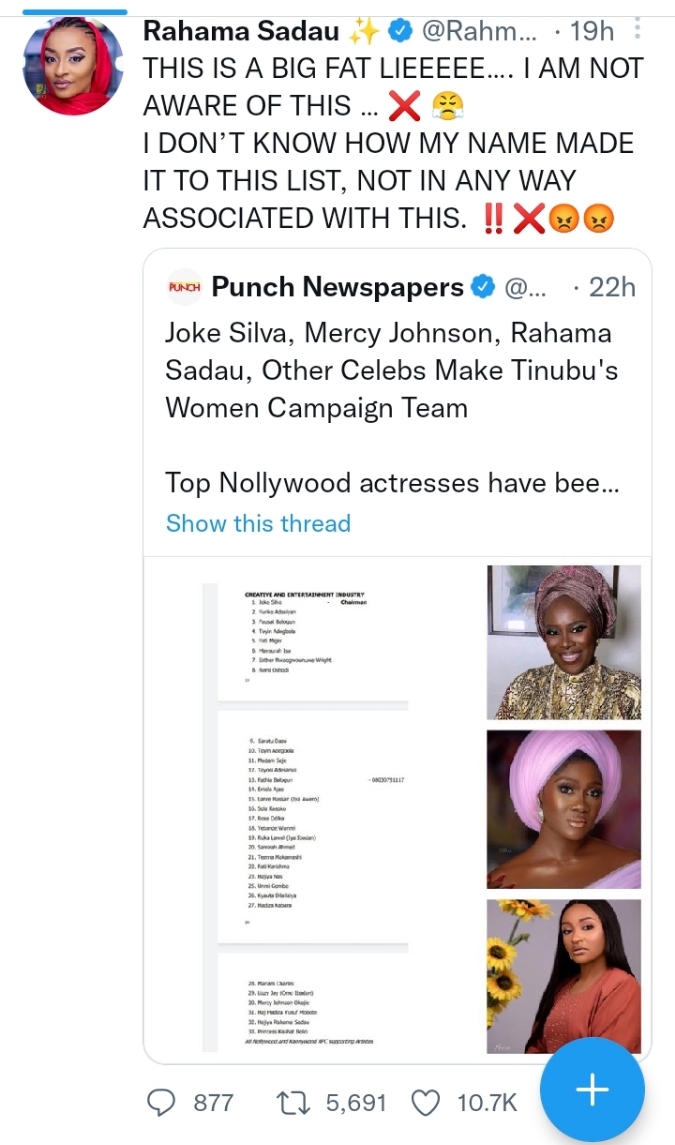 Actress Rahama Sadau reacts after being listed as a member of Tinubu’s women campaign team