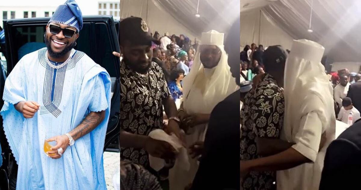 Netizens react as Davido covers his drink with handkerchief while exchanging pleasantries with Shina Peller