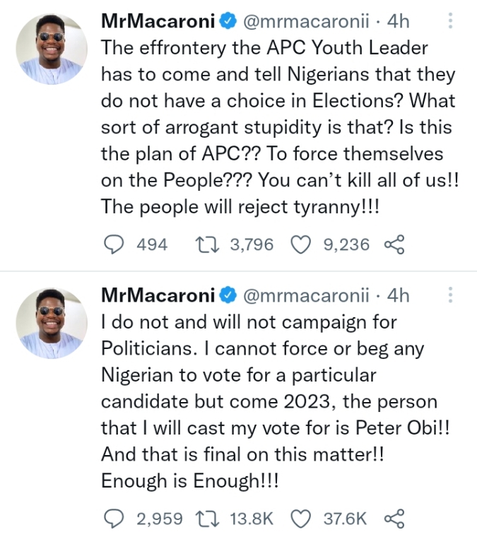 "Tinubu will be president either you like it or not" – APC Youth Leader asserts, Mr Macaroni reacts