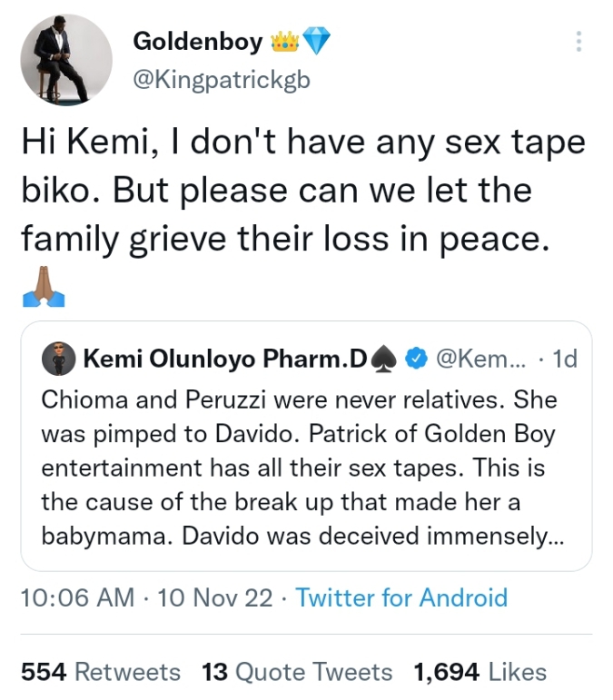Peruzzi’s Ex-boss Patrick reacts after Kemi Olunloyo accused him of keeping Singer and Chioma’s bedroom tape