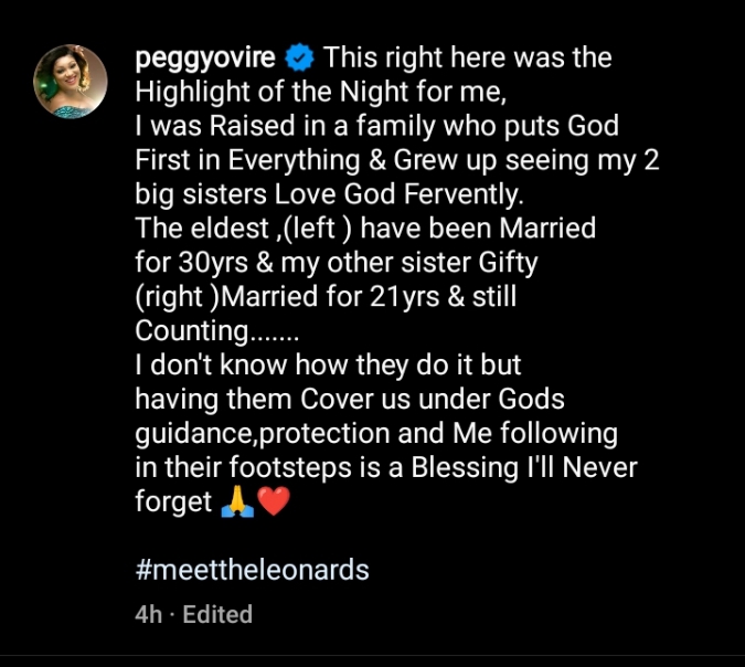 “Yours will last forever” – Prayers trail Newly wed Peggy Ovire’s comment on her sisters’ marriages