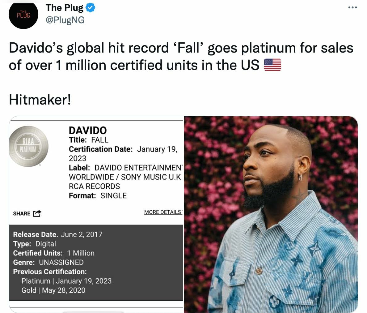 Davido’s Global Hit, ‘Fall,’ Certified Platinum In The US