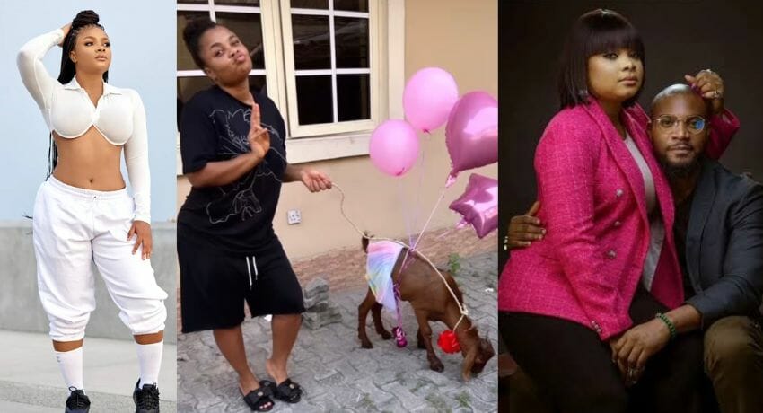 Bimbo Ademoye screams as Kunle Remi gifts her a goat in tutu, tied with balloons on birthday [VIDEO]
