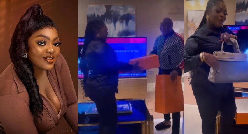 Eniola Badmus meets Pastor Tobi Adegboyega, flaunts multimillion Naira worth Hermès bag gift [VIDEO]