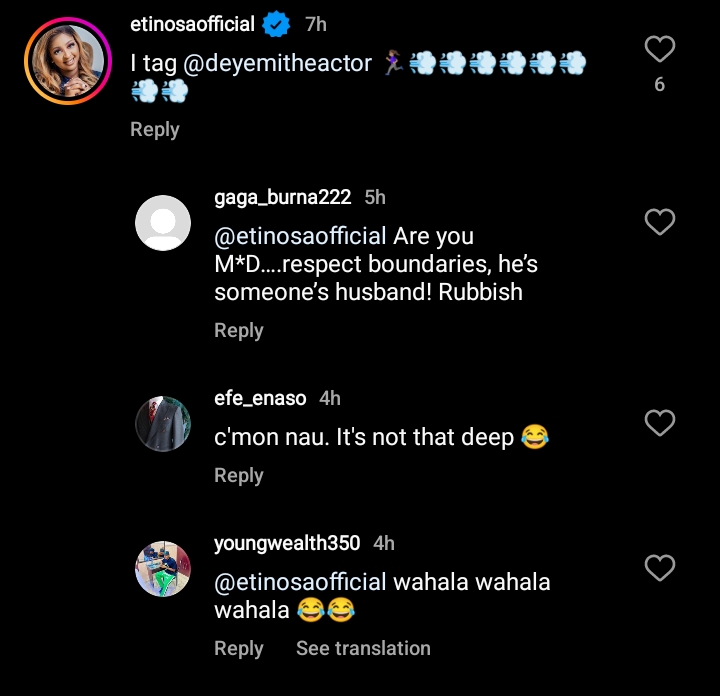 Mixed reactions as Etinosa Idemudia mentions Deyemi Okanlawon under post about guys who don't last in bed