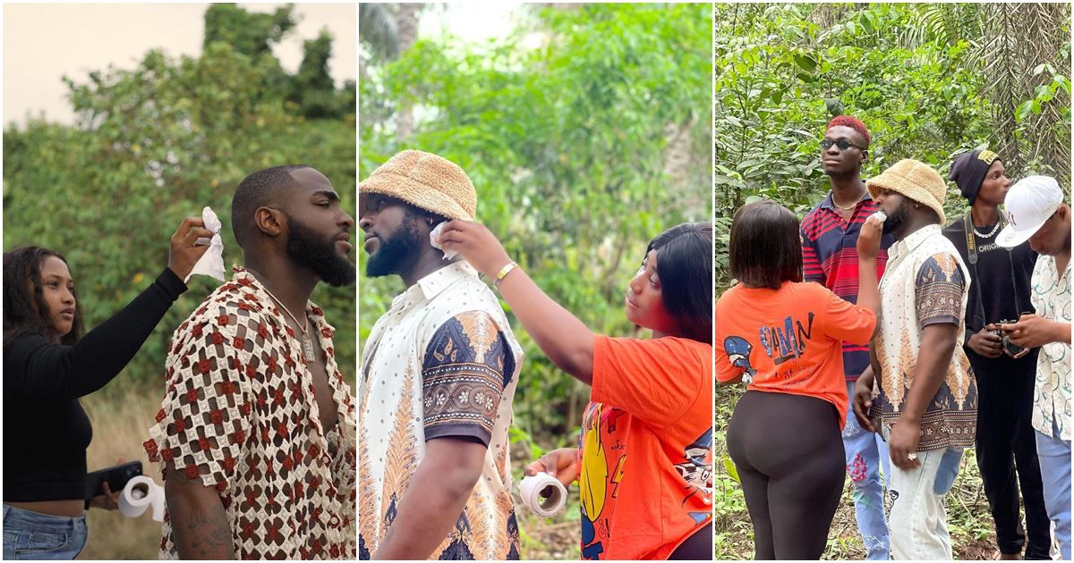 Reactions as Davido's lookalike storms bush with his guys to recreate singer's comeback photos