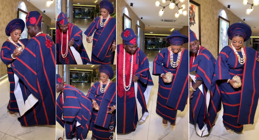 Goofy moment as Mide Martins rocks ‘aso-oke’ with hubby, dance to celebrate his birthday [VIDEO]