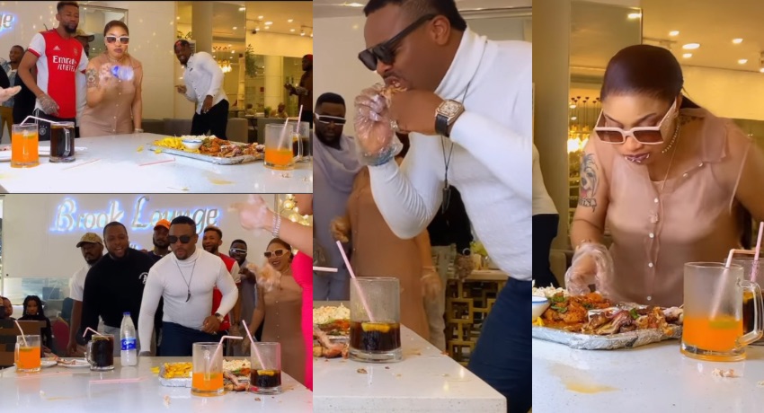 Excitement as Tonto Dikeh, Melvin Oduah, others participate in bottle flip challenge [VIDEO]