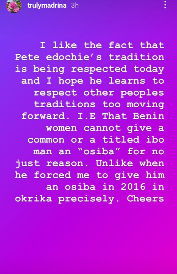 Cynthia Morgan shares encounter with Pete Edochie, reveals the Veteran allegedly forced her against tradition