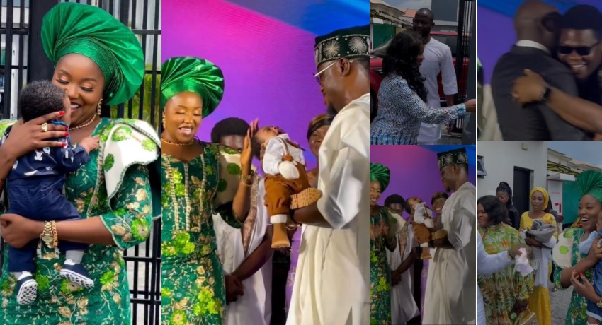 Mr Macaroni, others grace Biola Adebayo’s son dedication in church [VIDEO]