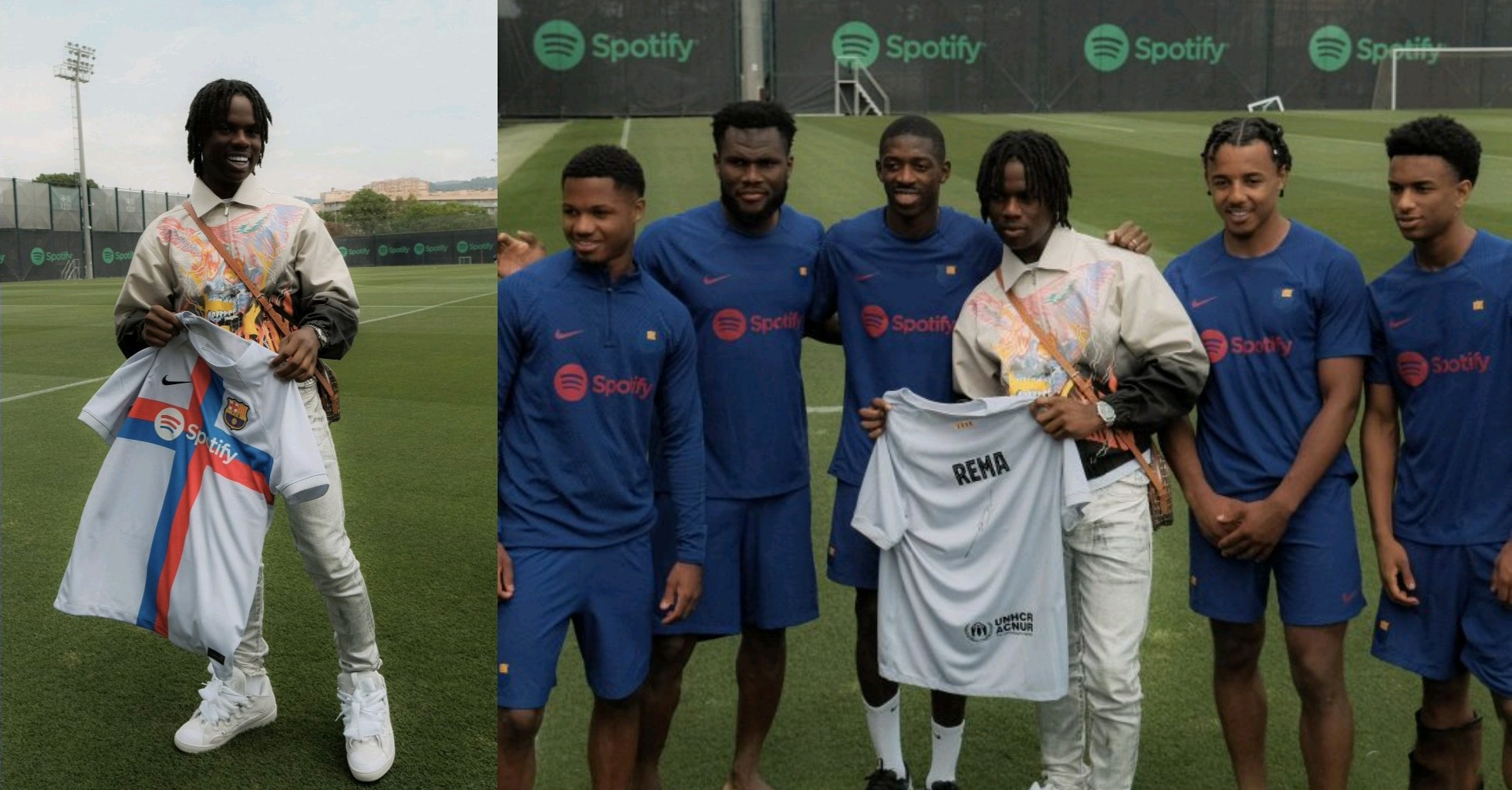 Rema visits Barcelona stars Dembele, Ansu Fati, others during training; gets customised jersey
