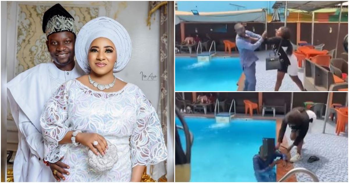 Moment Mide Martins pushes husband, Afeez into pool, strikes him repeatedly on movie set -VIDEO