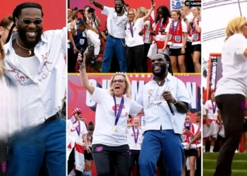 Euro 2025 Trophy Parade: Burna Boy surprises England Women’s coach Sarina Wiegman on stage (VIDEO)