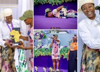 Emotional scene at MFM as Super Falcons Captain Ajibade presents WAFCON medals to Pastor Olukoya and wife