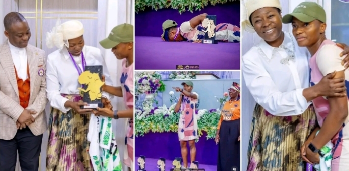 Emotional scene at MFM as Super Falcons Captain Ajibade presents WAFCON medals to Pastor Olukoya and wife