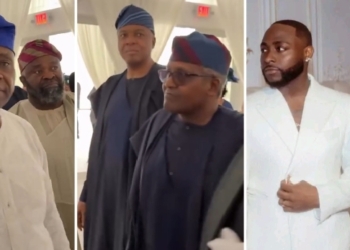 Dangote, Saraki, and Davido’s dad make grand entrance at Singer’s white wedding to Chioma in Miami (VIDEO)