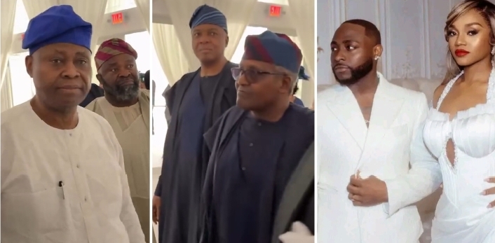 Dangote, Saraki, and Davido’s dad make grand entrance at Singer’s white wedding to Chioma in Miami (VIDEO)