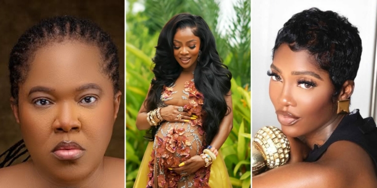 Toyin Abraham, Tiwa Savage clap back at lady claiming Toke Makinwa’s baby bump is fake