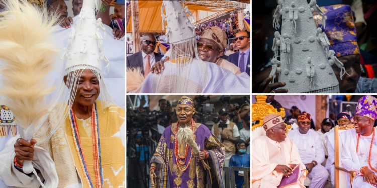 From power to palace: Rashidi Ladoja wears the beaded crown as Olubadan