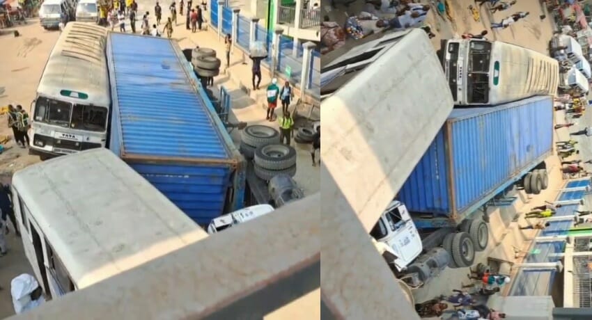 One injured as another container falls, crushes bus in Lagos — VIDEO